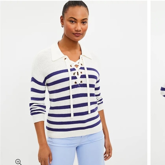 LOFT NWT Striped Lace Up Polo Sweater Women's Medium Blue‎ White Nautical Preppy - Picture 10 of 10